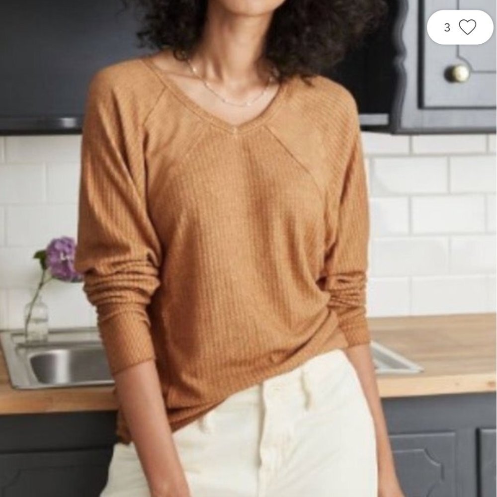 NWT Knox Rose Brown Thermal Waffle Knit Long Sleeve V-Neck Top Women's Size XS